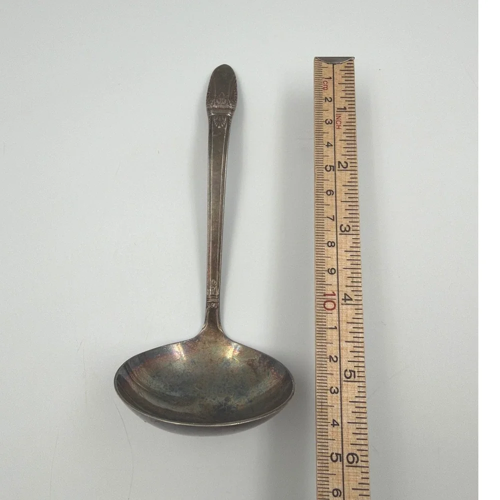 1847 Rogers Bros First Love Silverplate Cream Soup Ladle Heavy Patina 6.25in